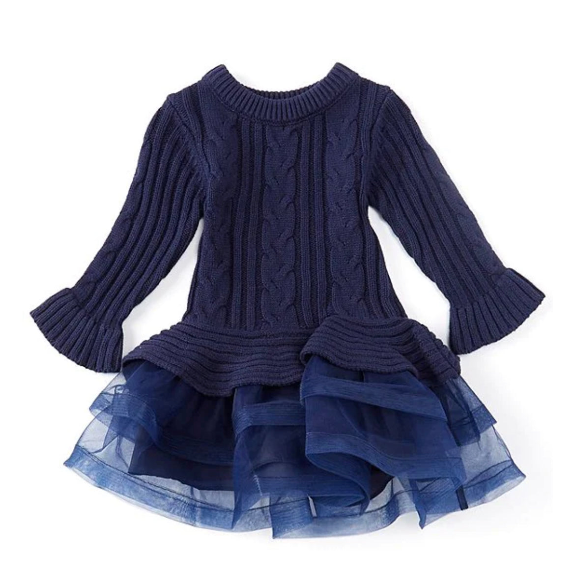 Bell-Sleeve Cable-Knit Sweater/Mesh Tutu Dress-Navy