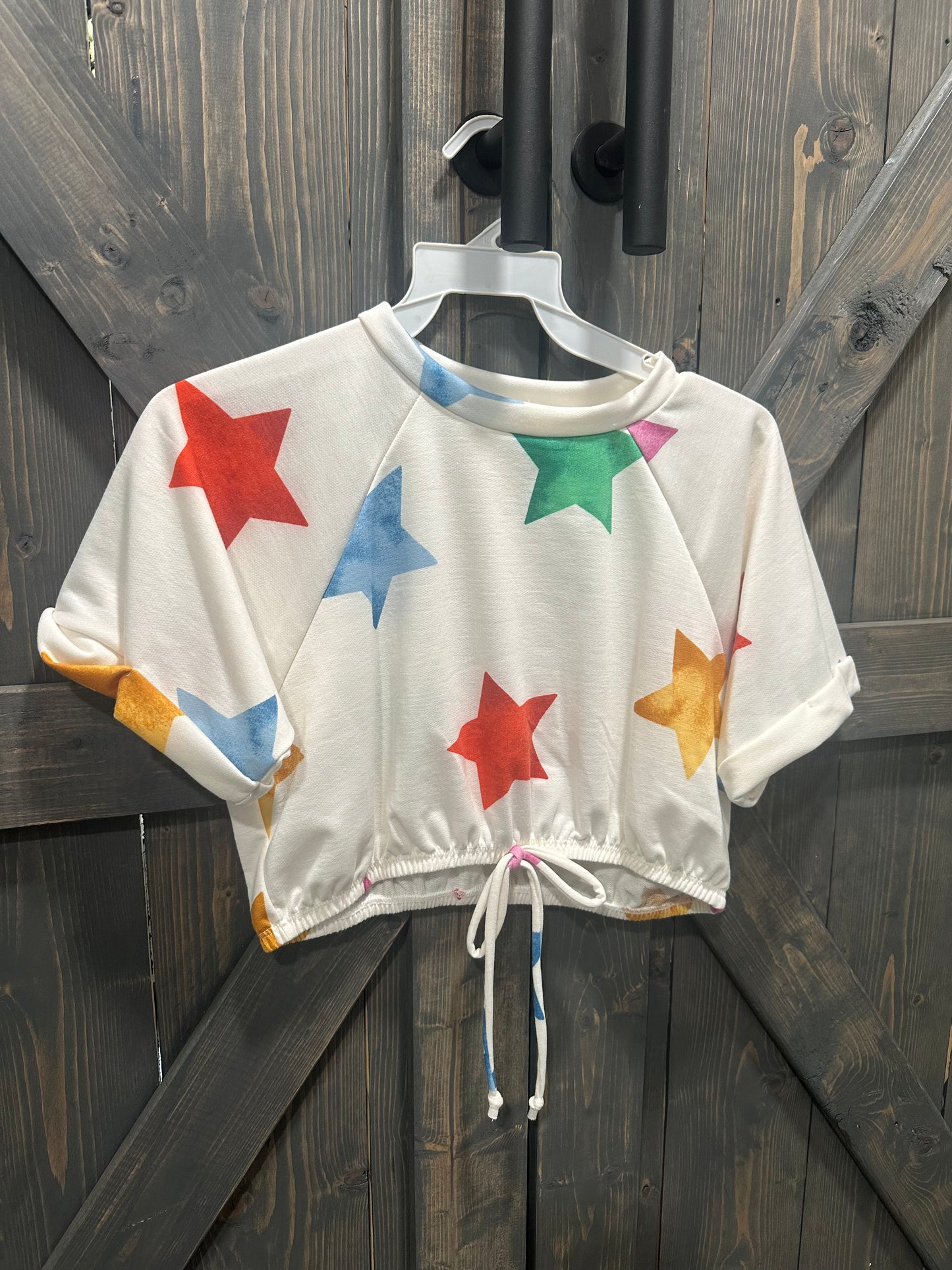 White Colorful Star Terry Top-Tween