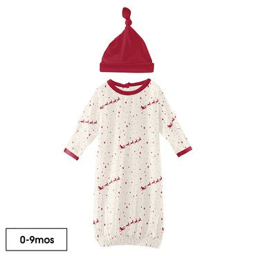 Kickee Print Newborn Layette Gown & Single Knot Hat Set- Natural Flying Santa