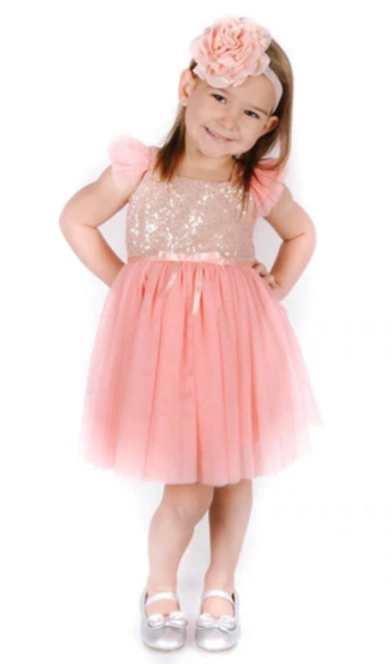Popatu Little Girls Peach Gold Sequin Tulle Dress